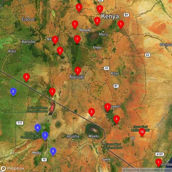 Map of East Africa, covering Southern Kenya and Northern Tanzania from the coast (Indian Ocean) to Lake Victoria in the West.